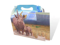 a paper bag with a picture of a rhino and a calf