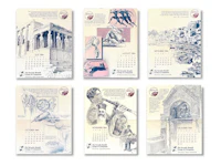 four different calendars with drawings on them
