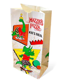 a bag with an image of a dinosaur and a skateboard