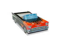 a cardboard car with flames on it