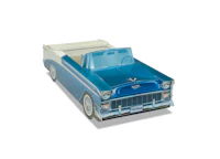 a blue and white classic car on a white background