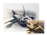 a drawing of a man sitting in a boat with a fishing pole
