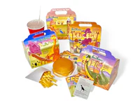 a variety of food items including burgers, fries, and a drink