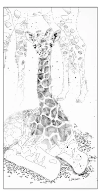 a black and white drawing of a giraffe