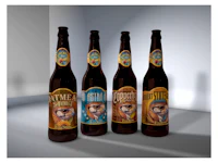 a group of beer bottles with different designs on them