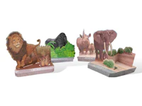 a set of wooden figurines of lions, elephants, and giraffes