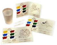 a set of coloring books and a cup of water