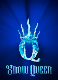 the snow queen logo on a blue background