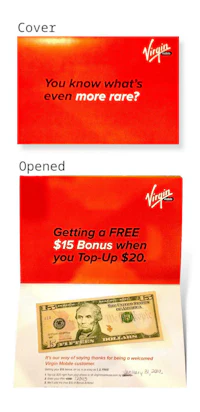 a red and white envelope with a picture of money on it